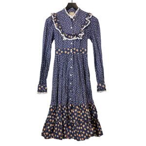 Gunne Sax Jessica Size 7 (XS) Prairie Cottage Western Button Dress Floral Blue